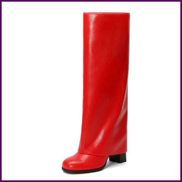 Shoes - Knee High Boots Fold Over Chunky Heels Zipper Round Toe Tall Boots